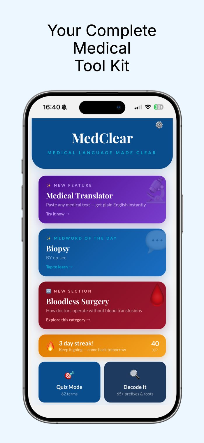 MedClear home screen showing Quiz, Translator, Word of the Day and more