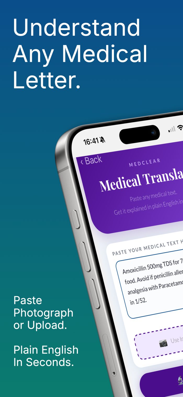MedClear Medical Translator screen showing a translated prescription
